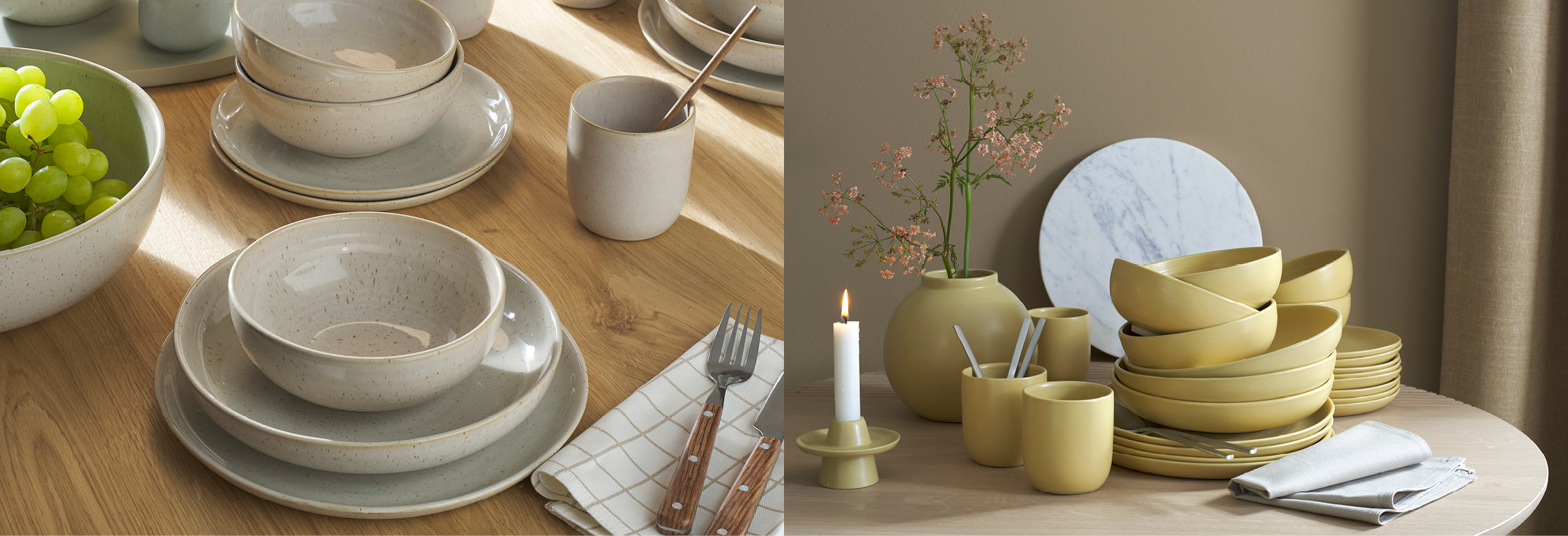 Geschirr-Sets der SCHÖNER WOHNEN-Kollektion in zwei Farbwelten: Grau-Grün und Gelb, jeweils mit Tellern, Schüsseln und passenden Accessoires.