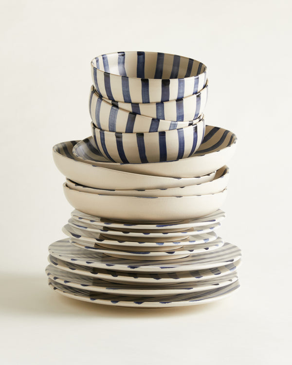 Small Dinner-Set Classic - Blue-White-Striped (16-pieces)