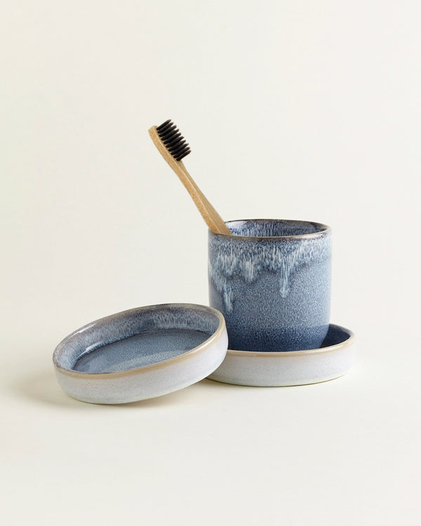Handgemachte Keramik - Badezimmer Set Graublau 3 Teilig