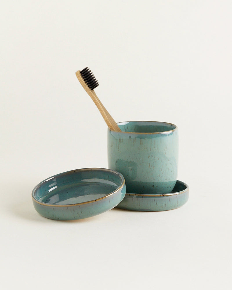 Handgemachte Keramik - Badezimmer Set Jade 3 Teilig