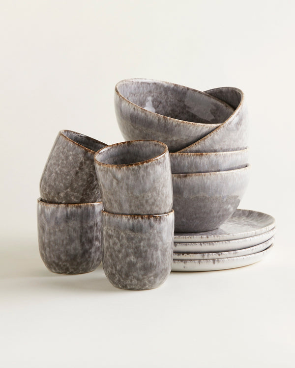 Handgemachte Keramik - Fruhstucks Set Traditionell Steingrau 12 Teilig