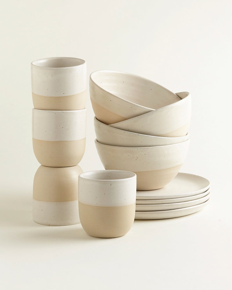 Handgemachte Keramik - Fruehstuecks Set Traditionell Naturweiss Dipped 12 Teilig
